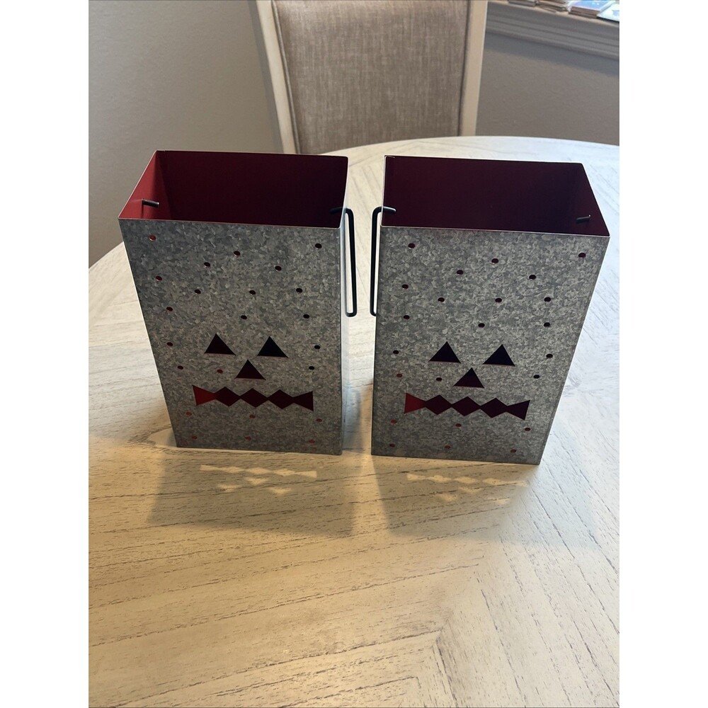 Set of 2 Jack O'Lantern Galvanized Metal Halloween Luminary LED Candle Holders
